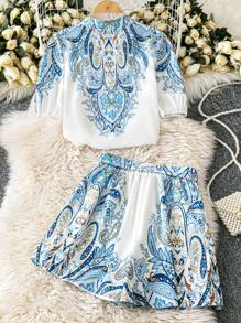 Breezaya Women's Fitted Paisley Print Shirt And Shorts Co-Ord Set, Vacation Style