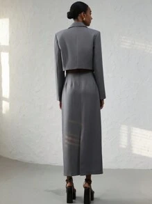 Aveloria Modichic Women's Elegant Commuter Notched Lapel Cropped Long Sleeve Blazer With Split Hem, Paired With Super Long Skirt Suit