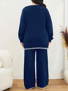 EURMUSE Color Block Edged Long Sleeve Sweater And Knitted Pants Two Piece Set - Navy Blue - View 2