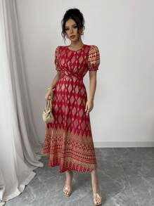 Elenzga Women's 2025 New Model Slim Fit Gold Foil Floral Pattern Puff Sleeve Mid-Length Dress - Red - View 7