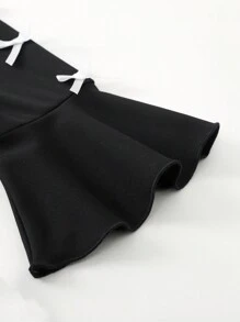 SHEIN Leap Crew Tween 女童蝴蝶结装饰拼色圆领荷叶边袖迷你连衣裙 - 黑與白 - 查看 7