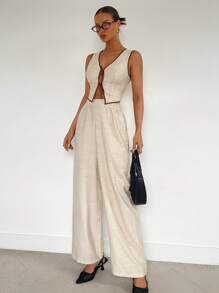 Siren Gaze 2 件女式撞色绑带纽扣前无袖上衣和长裤套装，极简主义，春夏季，休闲无袖罗纹短背心和直筒裤 2 件套，适合日常穿着，优雅通勤，拼色饰边，前翻领系带无袖上衣和长裤两件套，亚麻质地面料，优雅时尚，适合通勤，办公室警笛风格服装