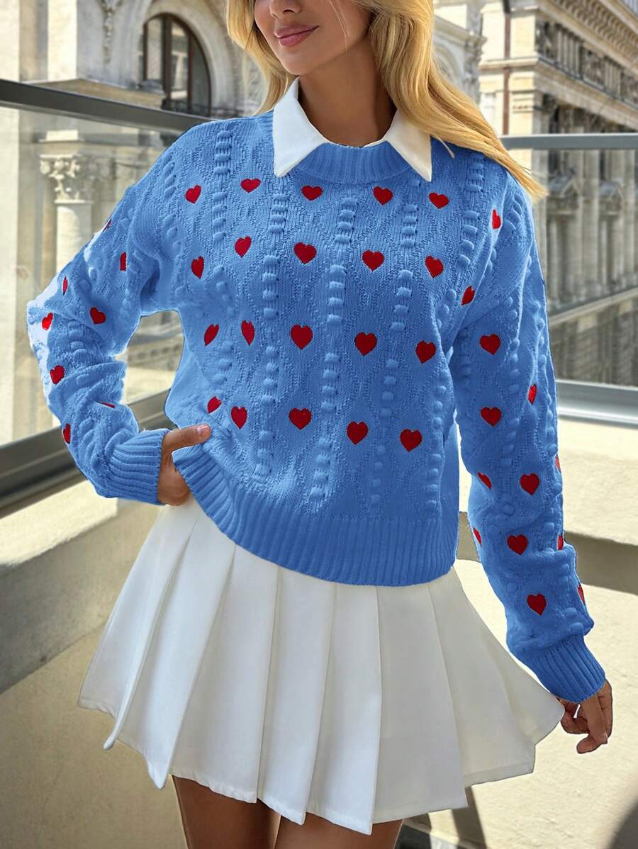 EURMUSE Women Heart Embroidery Textured Knit Round Neck Sweater - Blue - View 1