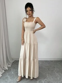 Elenzga Vestido elegante de dama con volantes en el frente, plisado y de unicolor - Albaricoque - Ver 6