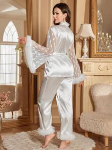 Luxury Floral Lace Trim Wide Sleeve Patchwork Heart Net Pajama Set