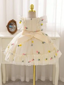 SHEIN Glamorique Kids 女婴四季刺绣装饰公主裙，盖袖收腰派对礼服，复活节 - 杏色 - 查看 1