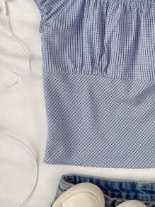 SHEIN Teen Girl Plaid Round Neck Loose Casual Short Sleeve Blouse