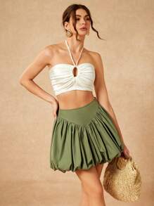 Christian Allana Designer Cute Saga Green Solid V- Inset Detail Pleats Bubble Hem Women Mini Skirt Festival,Boho,Bohemian, Summer,Beach For Women,Concert,Elegant,Vacation