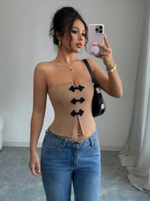 Chiquease Women's Apricot Versatile Black Button-Up Seamless Bandeau Top - Mocha Brown - View 5