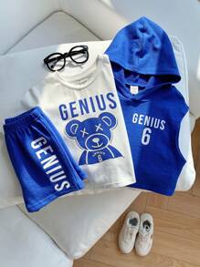 SHEIN Ensemble de 3 pièces pour bébés garçons/filles: Top à capuche tricoté à motif souriant, Top pull à manches courtes col rond tricoté, et short à taille élastiquée