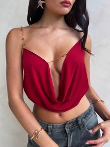 Aloruh Top casual de mujer con decoración de cadena simple, adecuado para vacaciones, Día de San Valentín, top sin espalda, conjuntos de vacaciones elegantes, conjuntos de playa, conjuntos de rave, vestido largo de top burdeos sexy para fiesta y playa, top ajustado bohemio rojo, vestidos de fiesta, conjuntos de rave y festival