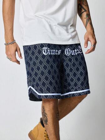 Prep Shorts vaqueros de pierna ancha para hombre con diseño de letra y patrón geométrico