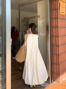 DAZY Women's Round Neck Casual Solid Color Sleeveless Puff Floral Tie Waist Loose Fitting Long Dress Sundress