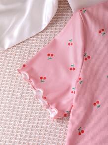 青少年女孩圆领短袖全身印花休闲睡衣套装 - 粉色 - 查看 5