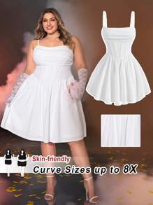 SHEIN CURVE+ 加大码褶皱吊带背心，白色紧身胸衣春季连衣裙，情人节连衣裙 - 白色 - 查看 1