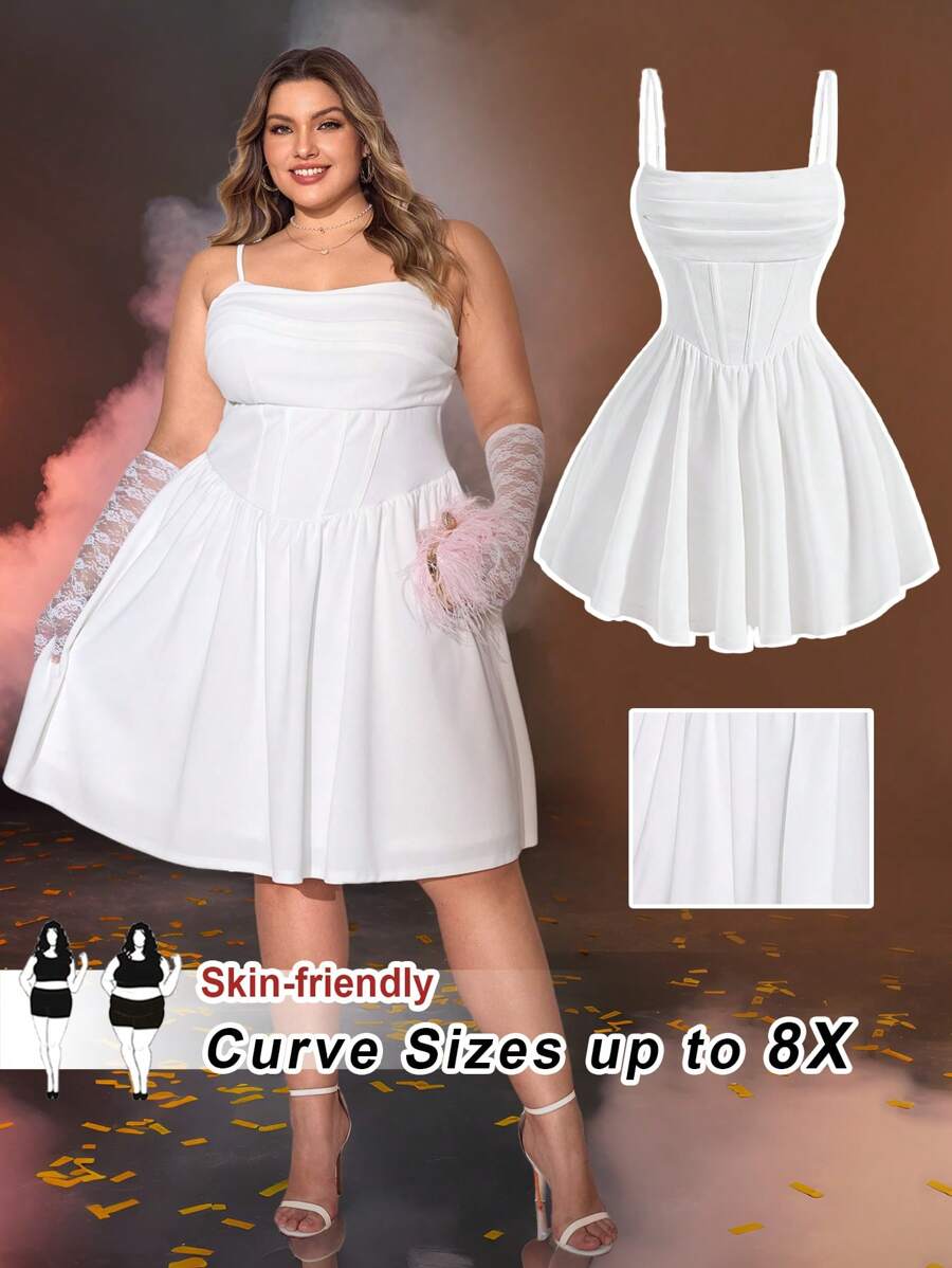 SHEIN CURVE+ 加大码褶皱吊带背心，白色紧身胸衣春季连衣裙，情人节连衣裙 - 白色 - 查看 1