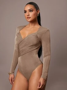 Silquee Women's Solid Color Olive Green Pleated Asymmetric Criss-Cross Long Sleeve Fitted Bodysuit, Stretch Knit, Classic Elegant Office & Casual Wear, Suitable For Autumn/Winter Layering Green Bodysuit Women Bodysuits Long Sleeve Bodysuit Green Body Suit - Khaki - View 6