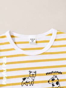 SHEIN 2 peças/conjunto de camiseta e shorts de bolso para meninos, casual, diário, estampa listrada fofa, gola redonda, manga curta, conjunto de verão - Multicolorido - Ver 5