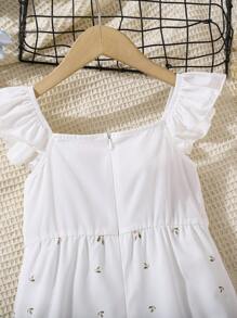 SHEIN Young Girl Ditsy Floral Ruffled Edge Jumpsuit, Easter - White - View 4