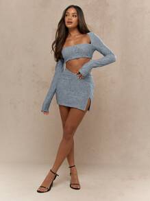 MISSGUIDED Textured Stretchy Cut Out Long Sleeve Mini Party Dress With High Square Neckline And Ruched Details Perfect For Club Night Date Night Spring Summer Fashion - Blue - View 4