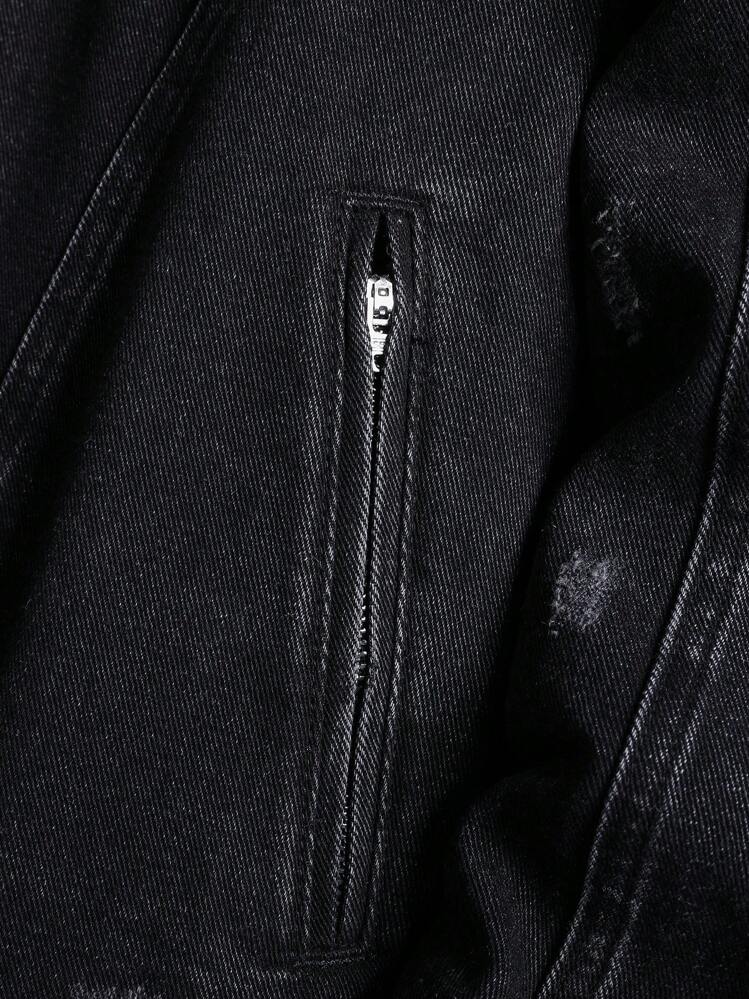 Manfinity Homme Áo khoác denim dài tay họa tiết rách cho nam, mùa thu - màu đen - Xem 5