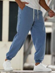 Manfinity Homme Men's Drawstring Waist Pockets Tapered Leg Casual Jeans - Medium Wash - View 3