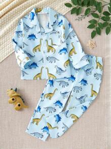 2pcs/Set Toddler Boys Cute Dinosaur Print Long Sleeve Top And Long Pants Home Outfit - Blue - View 1