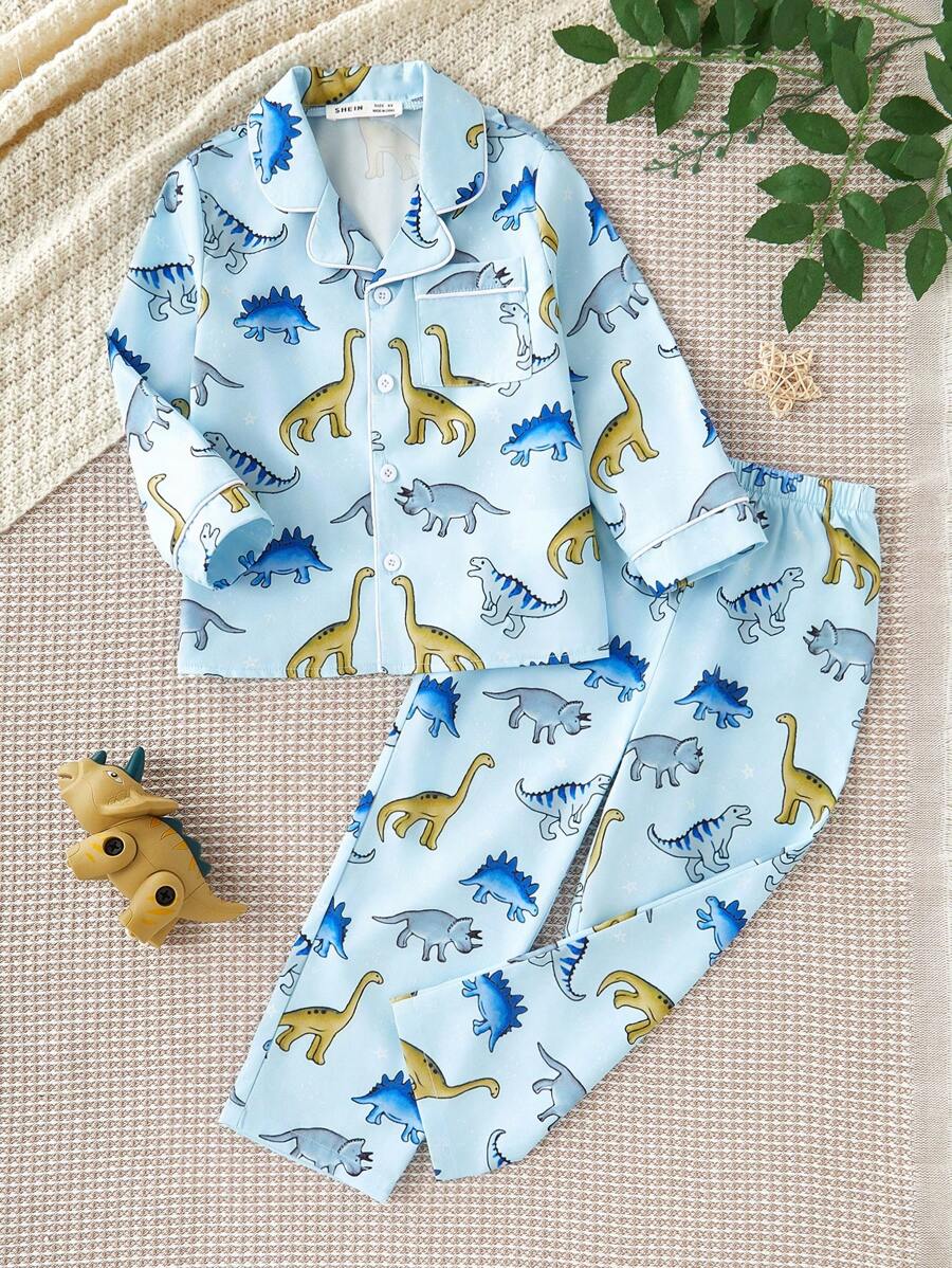 2pcs/Set Toddler Boys Cute Dinosaur Print Long Sleeve Top And Long Pants Home Outfit - Blue - View 1