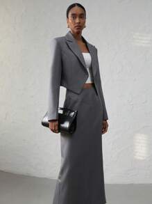 Aveloria Modichic Women's Elegant Commuter Notched Lapel Cropped Long Sleeve Blazer With Split Hem, Paired With Super Long Skirt Suit