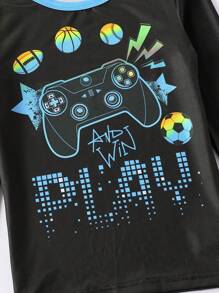 Tween Boy 2 件套图案紧身服装 - 足球印花裤和长袖上衣，配有游戏机图案 - 彩色 - 查看 5