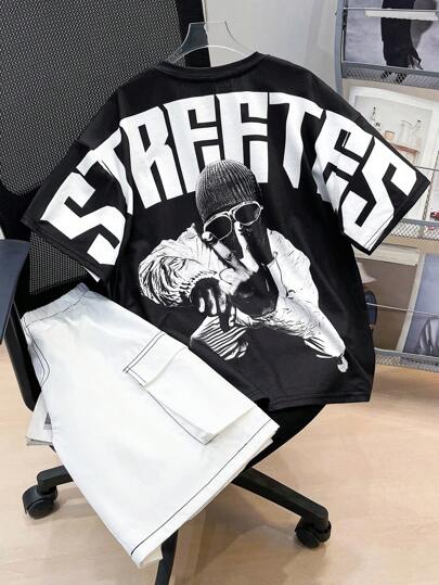 SHEIN مجموعة من تي شيرت جرافيك فضفاض وشورتات كارجو لفتيان المراهقين، مريح وكاجوال للصيف للشارع والرياضة والعطلات والمدرسة والحفلات، قطعتين