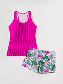 Swim Lushoire 2pcs Women Fuchsia Patchwork White Base Floral Print Crop Top With Cinched Waist Loose Beach Tankini Set - Hot Pink - View 7