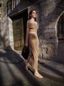 Maija Spring And Summer New Style Khaki Glitter Knitted One-Shoulder Top Waisted Sexy Skirt Women's Two-Piece Set Urban Modern Elegant Sleeveless Daily Casual Commuting Suitable For Going Out On Holiday, Holiday Party, Wedding Date Wear - Brown - View 2