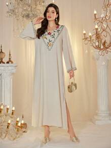 Al Najma Women's Elegant Floral Embroidered White Abaya, Arabic Islamic Dress For Women, Moroccan Caftan, Modest Kaftan