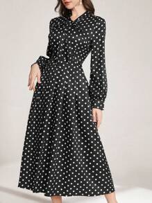 Modelyn 女士优雅圆点印花编织 V 领蝴蝶结腰部修身长裙