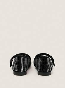 Muvela Women's Fashion Versatile INS Style Rhinestone Decor Round Toe Mary Jane Strap Flats - Black - View 3