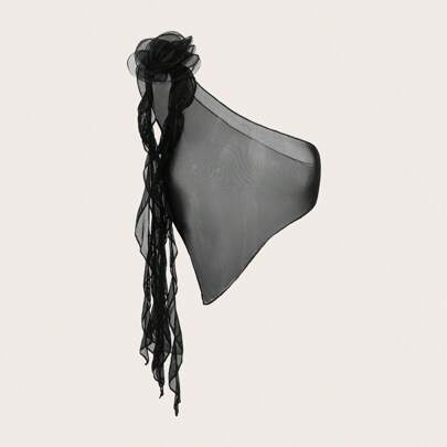 여성스러운 섹시한 3D 플로럴 장식 쉬어 메시 원 숄더 블라우스