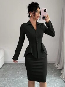 Elenzga 2pcs/Set Women Waist Cinching V-Neck Top And Bodycon Skirt Suit, Autumn/Winter Fall Cloth For Women - Black - View 7