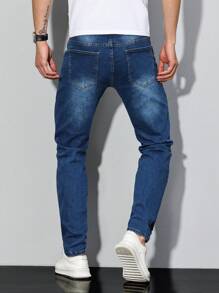 Manfinity Homme 大码男式破口袋休闲破洞牛仔裤 - 中等水洗藍 - 查看 2