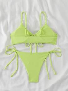 SHEIN Swim Springbreak Halter Bikini Set, Underwire-Free With Tie Side Thong Bottom For Summer Beach Vacation - Lime Green - View 2