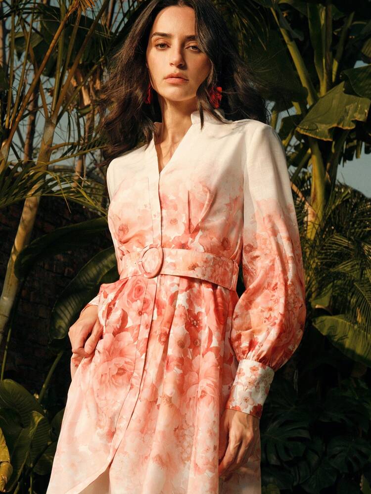 Women's Floral Print Long Dress With Buttons Belt Elegant Spring Outfits