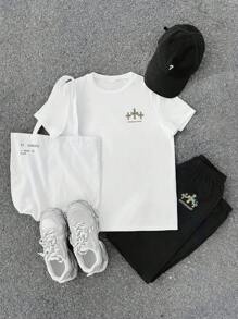 SHEIN 2pcs Set For Teen Boy:Camo Cross & Sanskrit Letter Print T-Shirt & Casual Pants,White,Summer,Street Life Casual Graphic Street Fashion Outfit - White - View 2