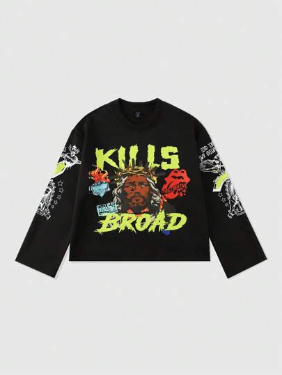 Goth Camiseta de manga corta con gráfico oversize para hombre, estilo callejero vintage