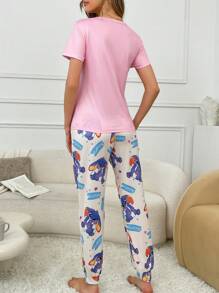 Bunny Color Block Crew Neck Women Pajama Set - Multicolor - View 2