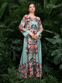 Al Najma Women's Ramadan Print Loose Elegant Casual Modest Kaftan - Green - View 3