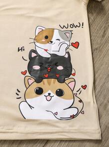 Tween Girls' Short Sleeve Casual Round Neck T-Shirt With 3 Heart Cat Graphic