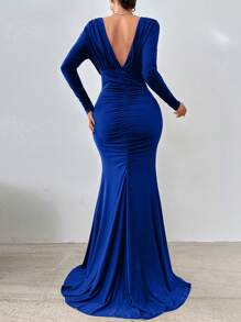 EURMUSE Women's Solid Deep V-Neck Ruffle Fishtail Dress, Long Sleeve - Blue - View 2