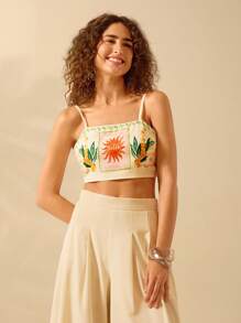 CAJUNI Regata Feminina Boho Estampa Divertida Tropical Colorida com Cadarço, Regata Casual de Praia Verão para Férias - Multicolorido - Visão 1