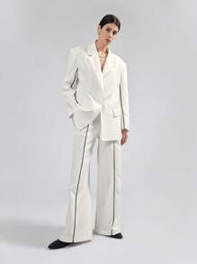 Ontre Modern Urban Style Two-Tone Design White Suit Pants, Daily Casual Tailored Thin Side Stripe White Dress Pants For Women - White - View 5