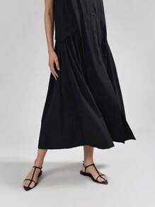Ontre Robe décontracté ample et confortable à boutons devant sans manches, couleur unie, style urbain chic, convient pour le trajet domicile-travail - Noir - Voir 5